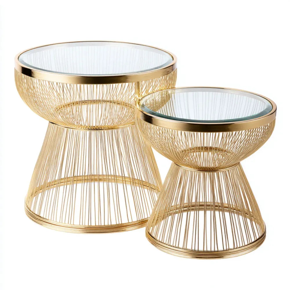 Side Tables Set 50x50x45 cm & 40x40x40 cm Metal Wire Frame with Glass Top – Gold – Modern Design